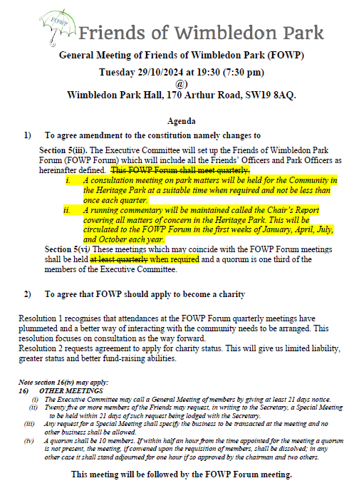 FOWP General Meeting Agenda 29 October 2024, 19:30 at Wimbledon Park Hall